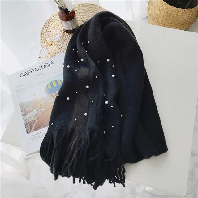 

Pearl Tassel Thick Cashmere Knit Scarf, Size: 180 x 90cm(Black)