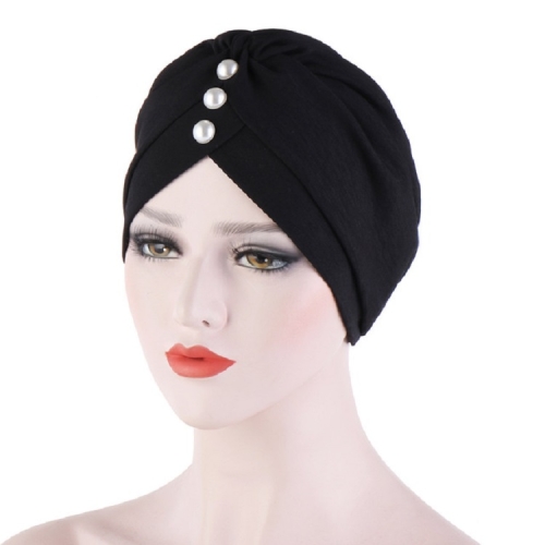 

2 PCS Women Forehead Fold Pearl Decorative Hooded Cap Turban Hat, Size:One Size(Black)