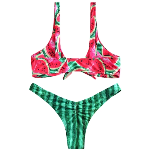 

2 PCS Watermelon Knotted Bikini Swimwear Sexy Low Waist Plunge Thong Padded Swimwear Set for Women(M)