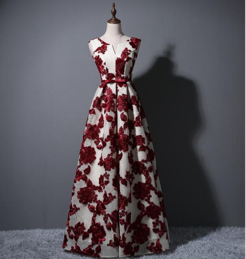 

Elegant O-Neck A-Line Floor Length Lace Evening Dress Embroidery Prom Dresses Party Dress, Size:XXL(Wine Red)
