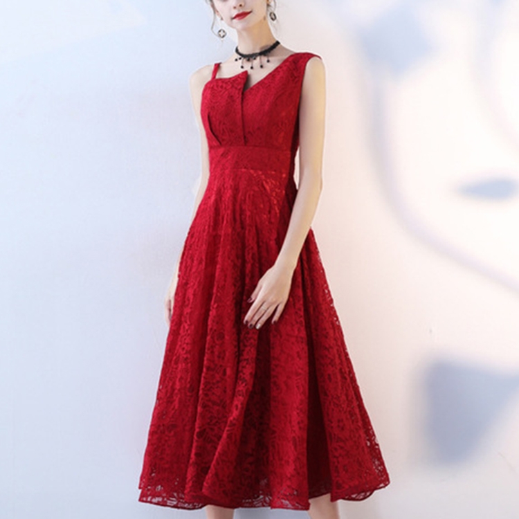 

Elegant Single Shoulder Sleeveless Mid Length Lace Dress Evening Dress, Size:XL(Red Wine)