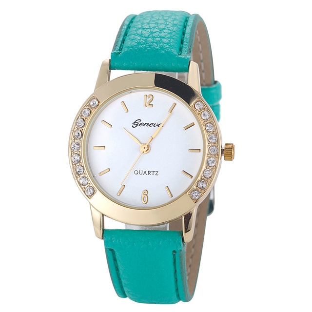 

Round Dial Double Diamond Leather Belt Watch for Women(Mint Green)
