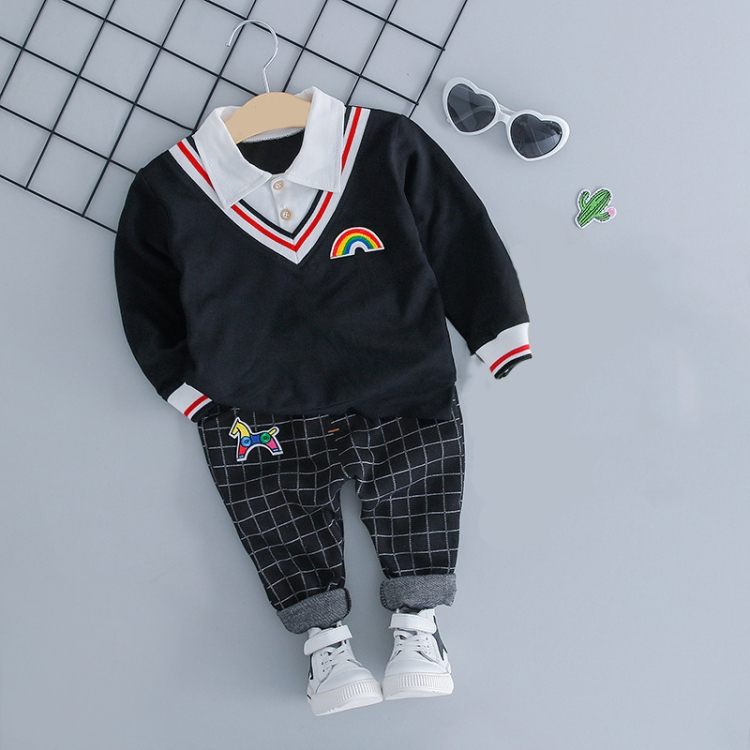 

Autumn Children Lapel Rainbow Pattern Shirt + Plaid Pants Set, Height:100cm(Black)