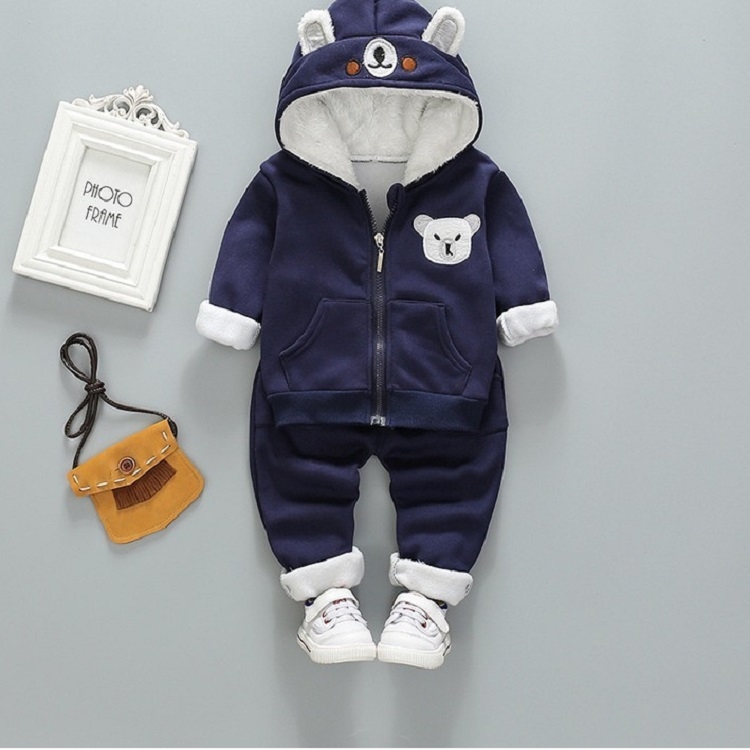 

Autumn and Winter Children Thick Warm Hooded Cartoon Bear Shape Zipper Jacket + Trousers Set, Height:100cm(Navy)