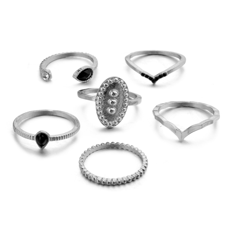 

6 PCS Women Bohemian Simple Fashion Embossing Waterdrop With Diamond Rings Set Jewelry(Silver)