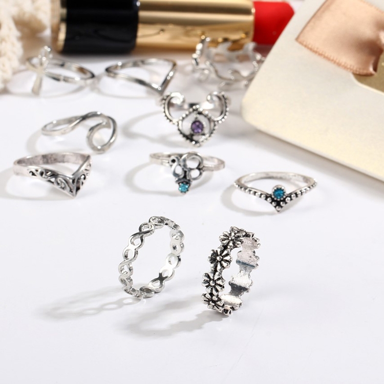 

10 PCS/Set Bohemia Vintage Crystal Openwork V-shaped Flower Ring Set
