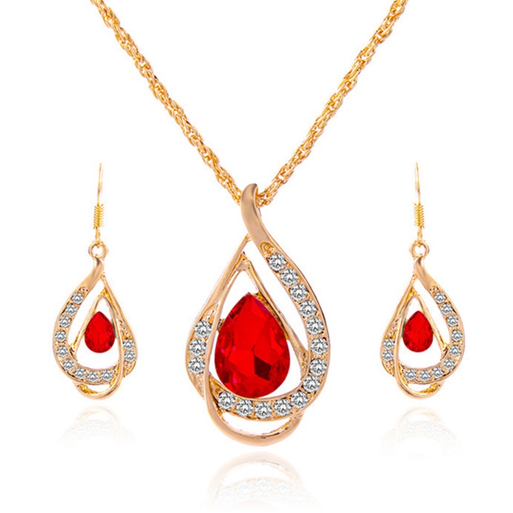 

2 Sets Fashion Double Layer Water Drop Crystal Jewelry Sets for Women(Red)