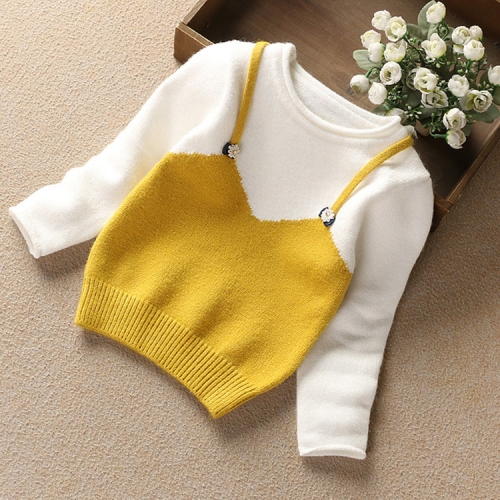 

Autumn Winter Girls Cotton Cute Patchwork Knit Pullover Sweater, Kid Size:90cm(Yellow)
