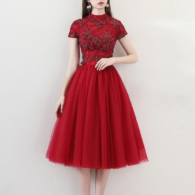 

High Neck Short Sleeved Halter Lace Applique Party Dress, Size:L(Short Red)