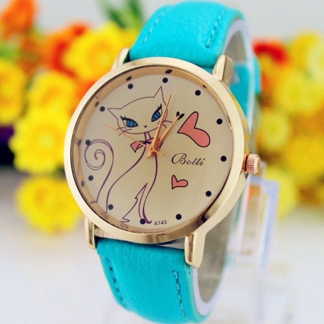 

Cat Pattern Round Dial PU Leather Strap Quartz Watch for Women(Blue)