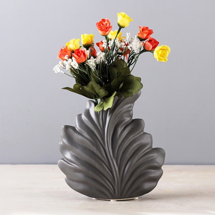 

Modern Living Room Home Decorations White Ceramic Leaf Model Porcelain Vase, Color:Dark Grey S