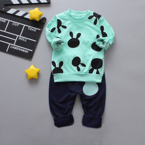 

Green Girls Clothes Sets Rabbit Print Pattern Long Sleeves Tops + Pants, Height:120cm