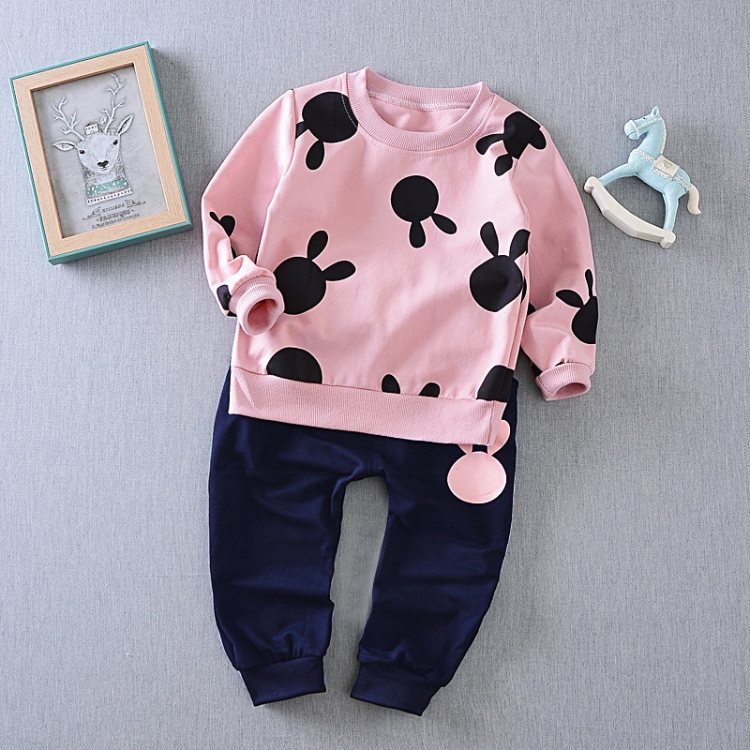 

Pink Girls Clothes Sets Rabbit Print Pattern Long Sleeves Tops + Pants, Height:120cm