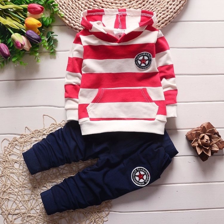 

Spring Baby Boys Hoodies Striped Tops + Pants Sport Suit, Size:110cm(Red)
