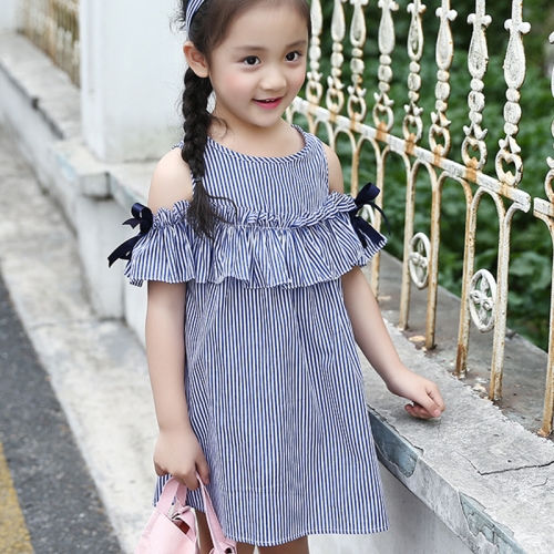 

Blue Girls Casual Wild Strapless Vertical Stripe Dress, Kid Size:120cm