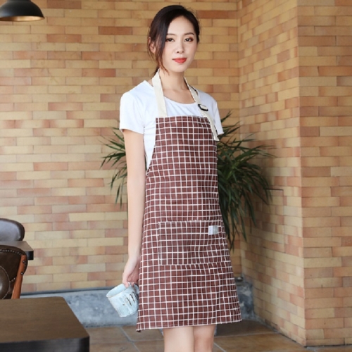 

Kitchen Antifouling Simple Cotton Linen Checkered Apron(Brown)