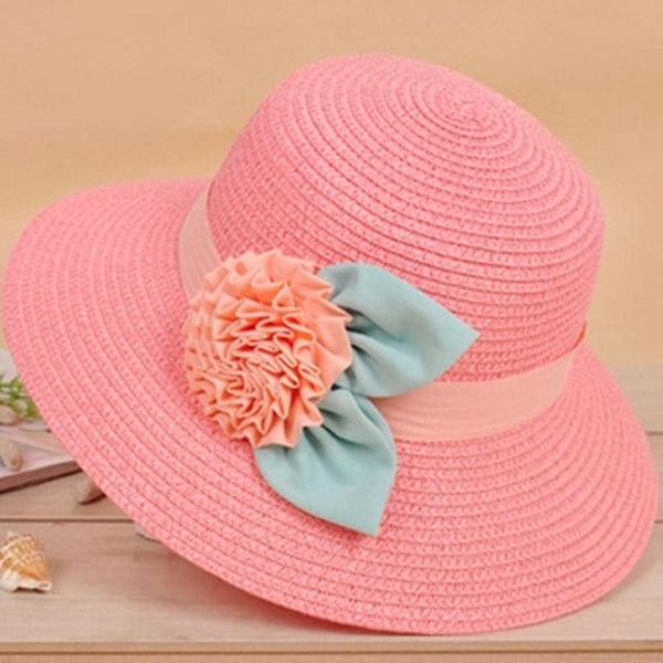 

Summer New Flower Woven Straw Hat Hooded New Ladies Big Hat Anti-mite Visor(Pink)