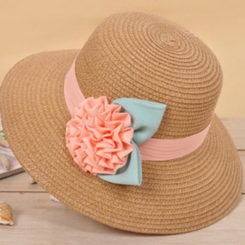 

Summer New Flower Woven Straw Hat Hooded New Ladies Big Hat Anti-mite Visor(Khaki)