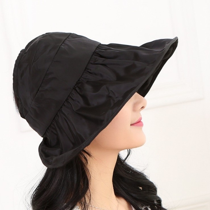 

Wide Large Brim Hat Summer UV Protection Thin Hat 2 in 1 Beach Hat(Black)