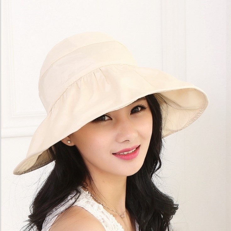 

Wide Large Brim Hat Summer UV Protection Thin Hat 2 in 1 Beach Hat(Beige)