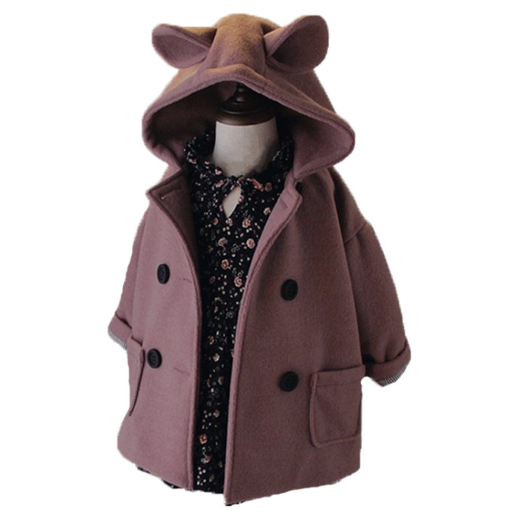 

Autumn and Winter Girls Rabbit Ears Hat Double-Breasted Woolen Coat, Kid Size:13Yards(Purple)