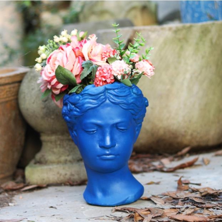 

3 PCS Retro Cement Head Flower Pot Greek Goddess Statue Vase Crafts Decoration(Lake Blue)