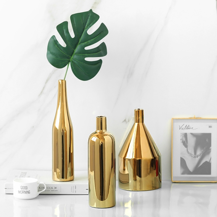 

Gold Plated Vase Ceramic Flower Vase Water Planting Container Desktop Decorative Vase, Shape:Three-piece Suit
