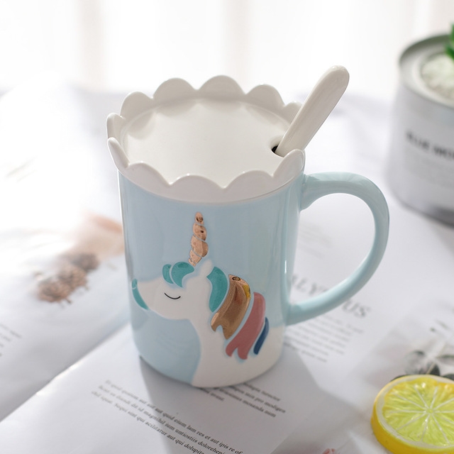 

Creative 3D Unicorn Ceramic Coffee Mug Drinking Coffee Tea Cup with Spoon Crown Lid(Blue)