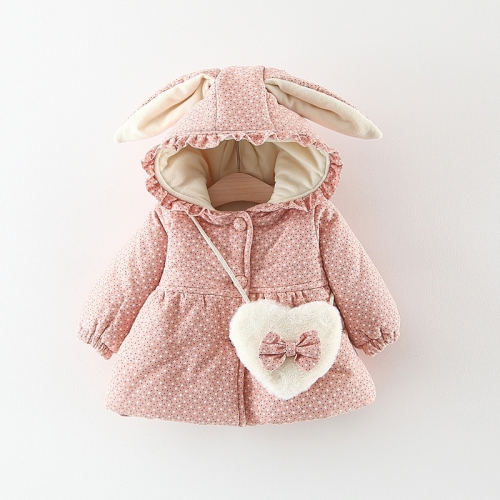 

Winter Girl Dots Flowers Pattern Plus Velvet Thick Rabbit Shape Hooded Cotton Coat with Heart-shaped Small Bag, Height:90cm(Pink)