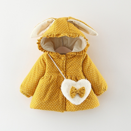 

Winter Girl Dots Flowers Pattern Plus Velvet Thick Rabbit Shape Hooded Cotton Coat with Heart-shaped Small Bag, Height:90cm(Yellow)