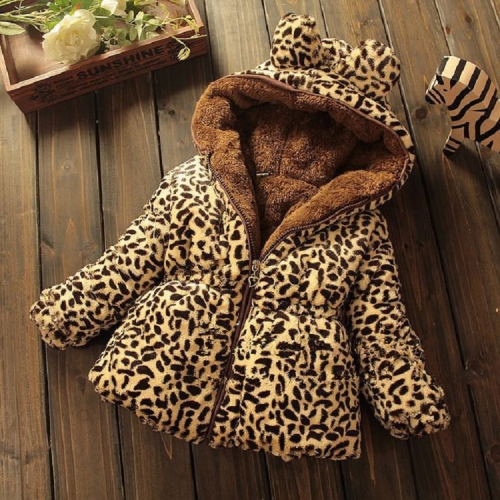 

Autumn and Winter Girls Thick Wool Sweater Warm Cotton Zipper Hooded Jacket, Height:4 Yards（80-85）(Leopard)