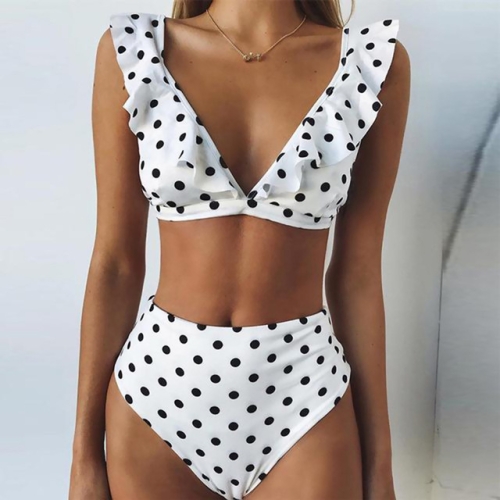 

Sexy Retro Lovely V Neck Dot Ruffled Bathing Suit High Waist Swimsuit Bikini Set, Size:L(White Bikini)