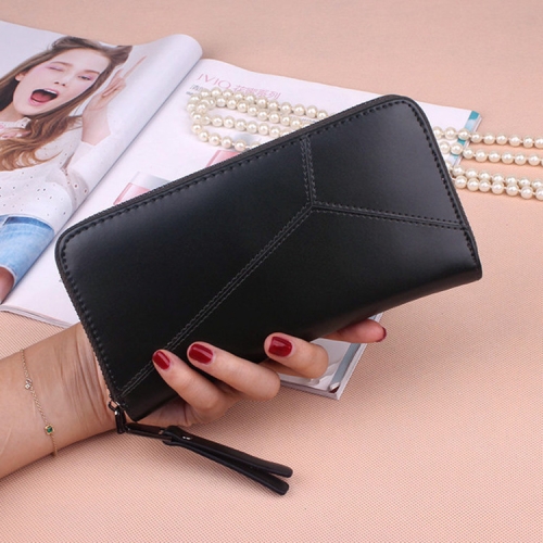 

Women Purse Wild Long Stitching Card Holder Zip Concealed Two Folding Clutch Bag(Black)