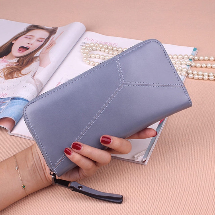 

Women Purse Wild Long Stitching Card Holder Zip Concealed Two Folding Clutch Bag(Light Blue)