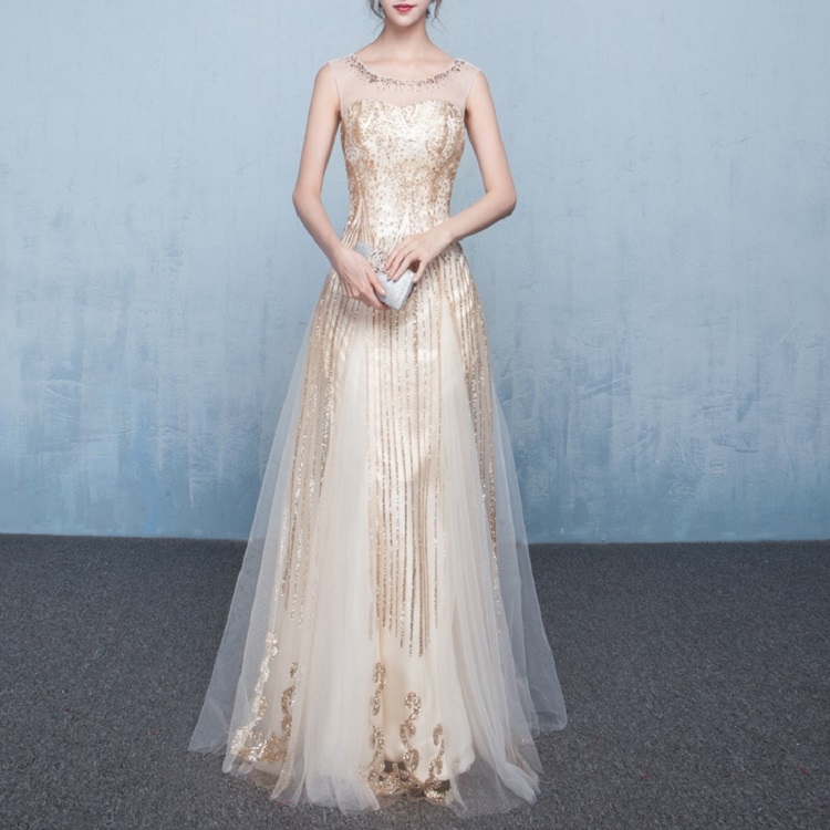 

Long Slim Women Party Elegant Formal Evening Dress, Size:L, Color:Gold