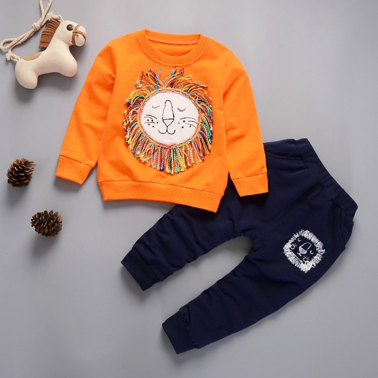 

2 in 1 Spring Cartoon Lion Pattern Long Sleeve Pullover Top + Pants Children Clothes Sports Set, Height:90cm(Lion Orange)