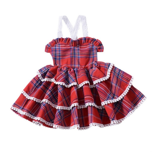 

Girls Lace Sling Dress Plaid Tutu, Kid Size:100cm(Red)