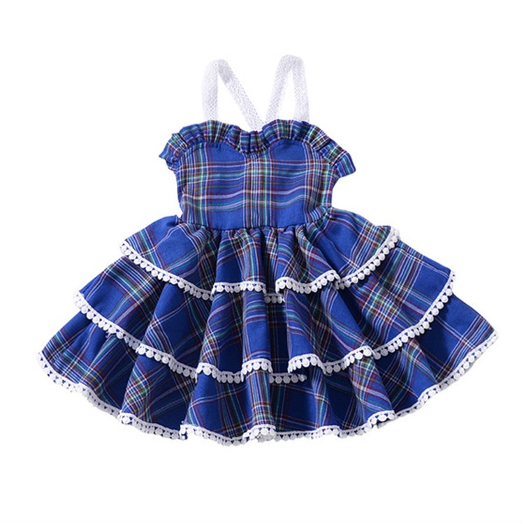 

Girls Lace Sling Dress Plaid Tutu, Kid Size:110cm(Blue)