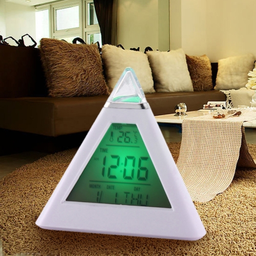 

2 PCS Color Changing Pyramid Digital LCD Alarm Clock Thermometer Temperature Date Display Electronic Table Desktop Clocks