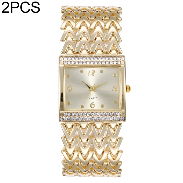 

2PCS Casual Diamond-studded Square Quartz Bracelet Watch(Gold)