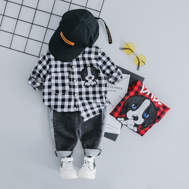 

Spring Children Clothing Set Cartoon Puppy Pattern Lapel Lattice Shirt + Jeans, Height:90cm(Black)