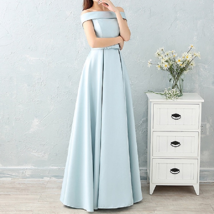 

Satin Long Bridesmaid Sisters Skirt Slim Graduation Gown, Size:XS(Ice Blue C)