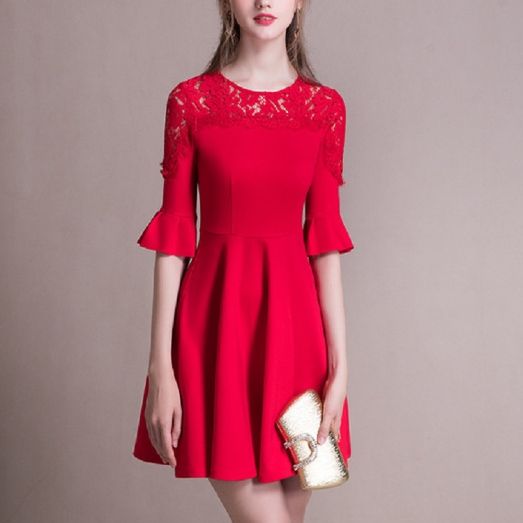 

Half Sleeve Lace Short Slim Party Dress Dress Dress, Size:L(Red)
