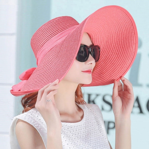 

Women Summer Hats Foldable Wide Large Brim Beach Sun Straw Cap Elegant Hats Caps, Color:Watermelon red(M)