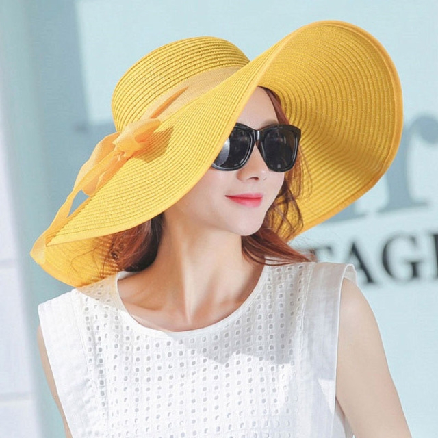 

Women Summer Hats Foldable Wide Large Brim Beach Sun Straw Cap Elegant Hats Caps, Color:YELLOW(M)