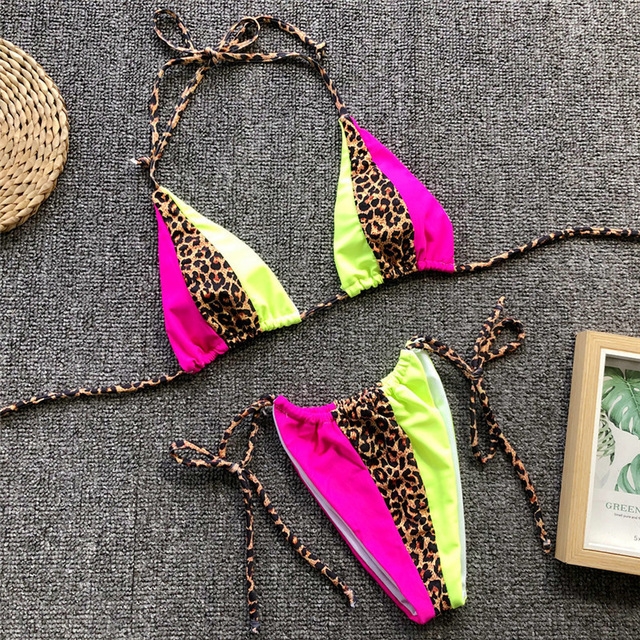 

2 PCS Triangle Leopard Bikinis Neon Sexy Swimwear String Push Up Bikini Set, Size:S(Green)