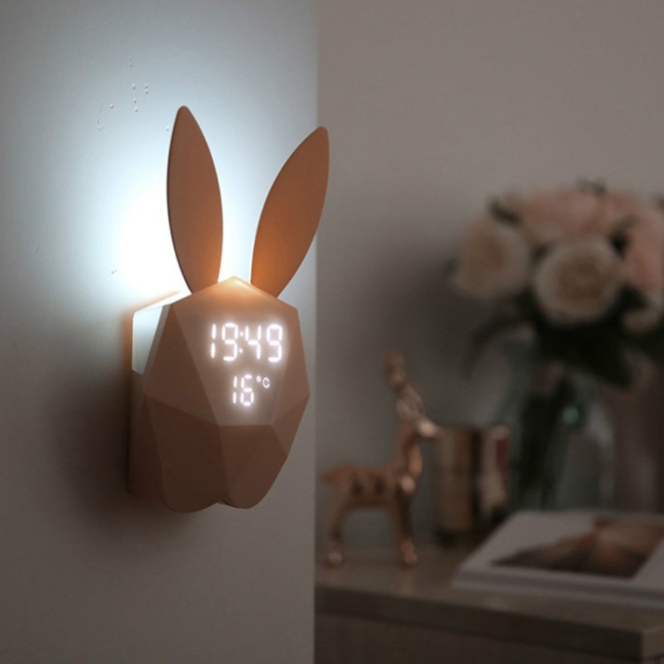 

LED Sound Night Light Thermometer Rechargeable Table Wall Clocks Cute Rabbit Shape Digital Alarm Clock(Pink)