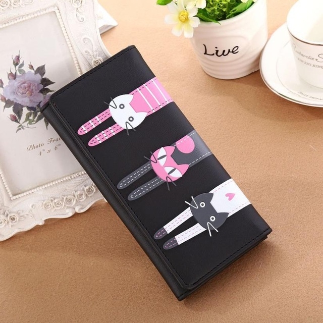 

Women Cat Pattern Coin Purse Long Wallet Card Holders Handbag Cute Leather Wallets(Black)