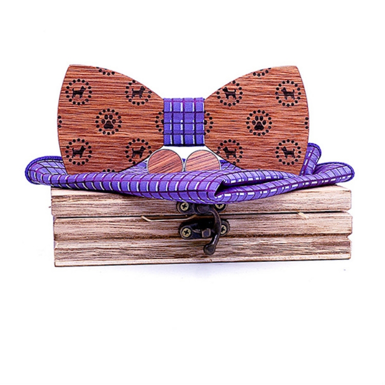 

3 in 1 Cute Dog Pattern Wooden Bow Tie + Cufflinks + Square Scarf Set(T223-C5 Purple)