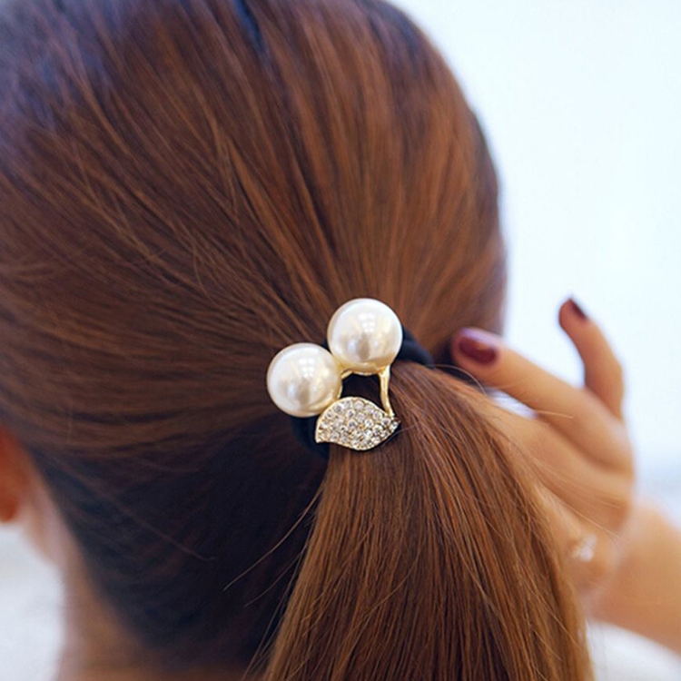 

Fashion Cute Girls Hair Accessories Pearl Crystal Cherry Leaves Elastic Hair Rope(White)